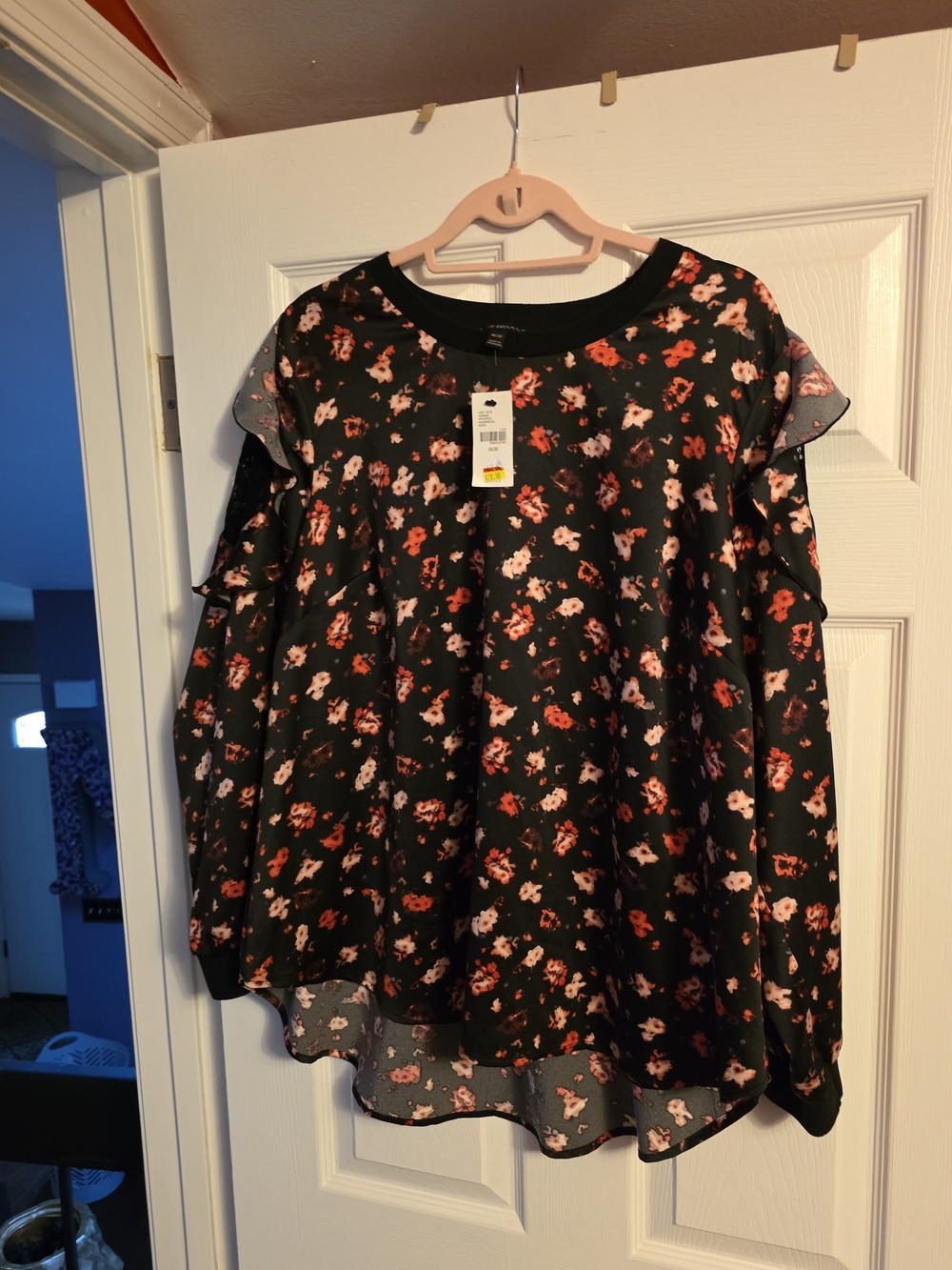 Lane Bryant Black Top with Pink and Red Floral Print